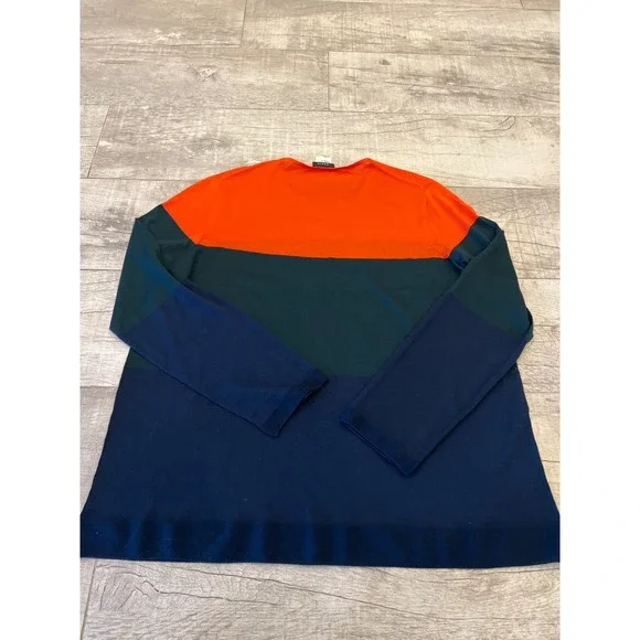 AKRIS Color Block Knit Sweater Orange Green Navy Cashmere Mulberry Silk Size 14
